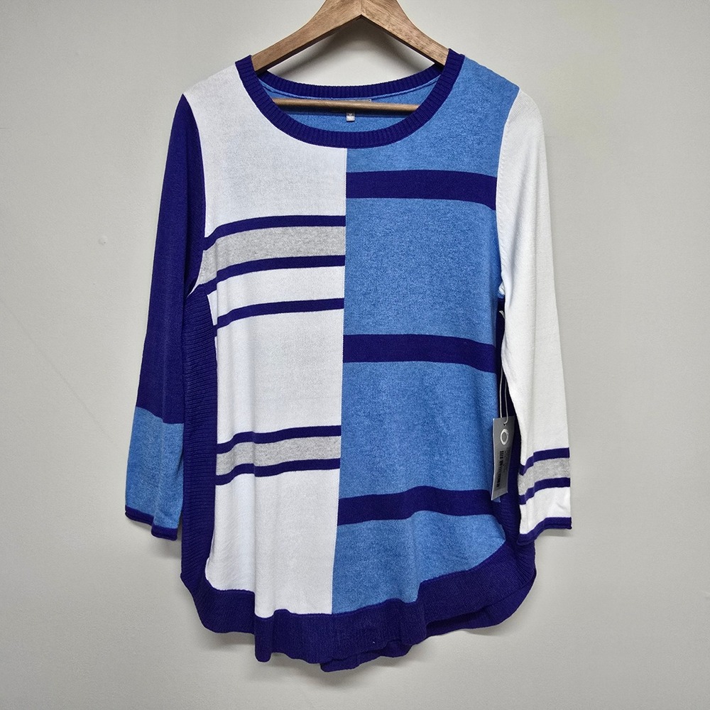 Habitat Colorblock Striped Sweater Womens Medium Azure Blue Cotton Lagenlook